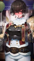 1girls 2022 ahe_gao armor bangs blue_eyes blunt_bangs blush boobs bottle clothed cum cum_drip cum_in_container cum_in_mouth cum_in_mug cum_on_chest cum_on_clothes cum_on_face cum_on_tongue cum_string cum_trail cumdrip dark_hair drinking_cum earrings embarrassed eyebrows_visible_through_hair female female_only fiorayne fully_clothed glass_of_cum gokkun hair_between_eyes hi_res high_resolution highres hizake holding holding_object kashu_(hizake) monster_hunter monster_hunter_rise mug_of_cum open_mouth short_hair sidelocks solo solo_female standing swallowing tagme tomboy tongue tongue_out wide_eyed