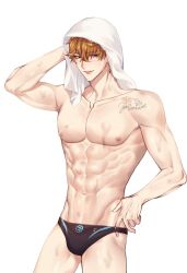 abs big_breasts breasts childe_(genshin_impact) eight_pack fit fit_male genshin_impact ginger male_only muscles muscular muscular_male orange_hair rourouki shoulders tartaglia_(genshin_impact) toned toned_body toned_male towel towel_on_head wet wet_skin