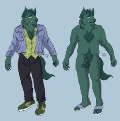 anthro areola ball_tuft balls beard belly black_nails bottomwear canid canine canis chest_tuft claws clothed clothing colored_nails denim denim_clothing digital_media_(artwork) erection facial_hair fangs feet fingers fluffy fluffy_tail footwear fur genitals goatee green_areola green_balls green_body green_fur green_hair green_nipples green_nose green_penis green_skin hair hi_res humanoid humanoid_genitalia humanoid_penis jeans looking_at_viewer male mammal model_sheet mohawk nails nipples nude pants penis pubes sandals satyrspitstain satyrspitstain_(artist) sharp_claws sharp_teeth shirt shoes simple_background smile smiling_at_viewer solo teeth toes topwear tuft vein veiny_penis wolf yellow_eyes