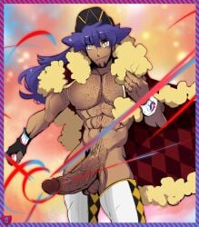 big_penis boner coat_only erect_penis erection hairy_chest hard_on huge_cock leon_(pokemon) lilprincyvi male male_only melanin muscles muscular muscular_male pokemon pokemon_ss posing purple_hair thick_penis uncut veiny_penis