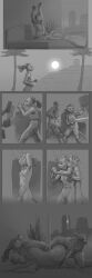 1:3 2022 absurd_res anthro anthro_on_anthro ass clothed clothing comic digital_media_(artwork) female fully_clothed greyscale gun hi_res holding_gun holding_object holding_weapon ipoke midriff monochrome open_mouth outside ranged_weapon sex shower showering showering_together tongue tongue_out weapon yawn