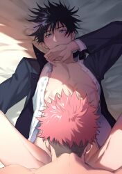 2boys abs bangs bed bed_sheet black_hair black_jacket blush bottomless covering_mouth eilinna fushiguro_megumi gay green_eyes hair_between_eyes highres implied_fellatio indoors itadori_yuuji itafushi jacket jujutsu_kaisen long_sleeves looking_at_another male male/male male_focus male_only multiple_boys nipples no_visible_genitalia nude on_bed open_clothes pectorals pink_hair shirt short_hair spiked_hair spread_legs thighs toned toned_male twink undercut white_shirt yaoi