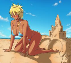 1girls absurdres all_fours bare_arms bare_legs bare_shoulders barefoot beach bent_over big_breasts bikini bleach blonde_hair breasts bust busty dark-skinned_female dark_skin female female_only green_eyes highres kneeling large_breasts oppai outdoors sand sand_castle seaside shounen_jump swimsuit tia_harribel yellow_hair