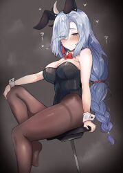 1girls absurdres animal_ears black_leotard blush bow bowtie breasts cla_(finesoda) closed_mouth detached_collar eyes_visible_through_hair fake_animal_ears female genshin_impact hair_over_one_eye highres large_breasts leotard light-skinned_female light_skin long_braid long_hair looking_at_viewer pantyhose playboy_bunny rabbit_ears red_bow red_bowtie shenhe_(genshin_impact) silver_hair sitting solo stool wrist_cuffs