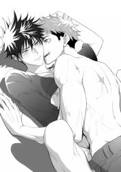 2boys anal_sex blush bottomless eilinna fushiguro_megumi gay implied_sex itadori_yuuji itafushi jujutsu_kaisen male male/male male_only missionary monochrome nipples pants scar_on_face shirt short_hair spread_legs toned_male topless_male yaoi