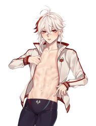 abs bishonen feminine_male genshin_impact jacket jacket_only kaedehara_kazuha male_only muscular red_hair rourouki tight_shorts toned twink