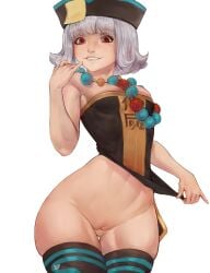 cameltoe exposed_pussy exposed_shoulders hat highres hips medium_breasts mobile_legends mobile_legends:_bang_bang mole_under_eye navel necklace pussy red_eyes ruby_(mobile_legends) silver_hair sole_female thick_thighs thighhighs tsuchu0 wide_hips