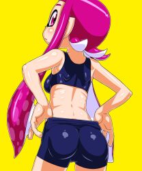 1girls ass blush breasts digital_drawing_(artwork) digital_media_(artwork) female female_only inkling inkling_girl looking_at_viewer looking_back nintendo pink_eyes pink_hair pulling_shorts shorts splatoon splatoon_2 tight_clothing tsuwitchii84