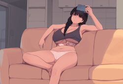 1girls 2022 barefoot black_hair black_tank_top braid breasts ce-_-3 cellphone couch female female_only fumika_akiyama highres holding holding_phone indoors large_breasts long_hair on_couch original panties pepper0 phone sitting solo solo_female sweat tank_top toes twin_braids underwear white_panties