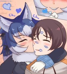 1boy 1girls animal_ears arm_around_shoulders blue_hair blue_lipstick blush blushing cat_ears closed_eyes dire_wolf_(kemono_friends) eyebrows_visible_through_hair female happy kemono_friends kissing lipstick lipstick_mark lipstick_on_face mischievous_smile smiling subgametarou