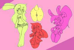 2022 absurd_res anthro ass bottomwear breasts clothed clothing digital_media_(artwork) ear_piercing female female_only genitals hair hi_res jacket lagomorph leporid long_ears long_hair looking_at_viewer mammal multiple_girls noozy nova_rain open_mouth pants piercing ponytail pussy rabbit shantae shantae_(character) simple_background smile smooth_skin standing topwear video_games wayforward