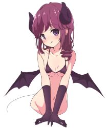 :q bangs bare_shoulders bikini blush breasts collarbone curled_horns demon demon_girl demon_horns demon_tail female gloves highres horns looking_at_viewer machikado_mazoku mel_(melty_pot) navel purple_bikini purple_eyes purple_gloves simple_background small_breasts smile swimsuit tail tongue tongue_out white_background yoshida_ryouko