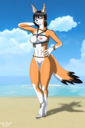 anthro beach black_hair breasts canid canine clitoris cloud ear_piercing female fennec fox fur genitals green_eyes hair hi_res jewelry mammal nipple_piercing nipples orange_body orange_fur piercing pussy sand sanura sea seaside sigmadrake solo solo_focus standing water white_body white_fur yellow_body yellow_fur