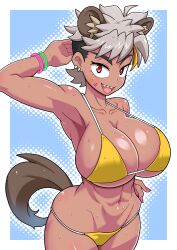 2022 animal_ears animal_tail armpit_focus armpits ass_squish bikini bracelet brown_skin color digital_media_(artwork) ear_piercing earrings fang_honebuchi fang_honebuchi_(artist) hi_res hyena hyena_girl indie_virtual_youtuber large_breasts red_eyes sharp_teeth shaved_side silver_hair sticker sticker_on_body sweat sweatdrop sweaty_body thigh_squish toned toned_ass toned_female virtual_youtuber yellow_bikini yellow_highlights