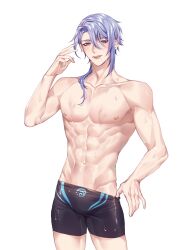 abs big_breasts bishonen blue_hair breasts eight_pack fit fit_male genshin_impact kamisato_ayato light_blue_hair male_only muscles muscular muscular_male nipples pretty_boy rourouki shoulders tight_shorts toned toned_body toned_male wet wet_skin