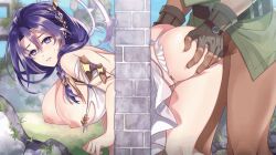 1boy 1girls ai~_izyou_naru_kuusou_sekai~ ambiguous_penetration animated ass braid breasts breasts_out brick_wall censored dmm fingerless_gloves forced from_behind hand_on_ass hands_on_ass large_breasts looking_at_viewer penile_penetration purple_hair rape stuck stuck_in_wall thong thong_aside through_wall uncomfortable white_thong