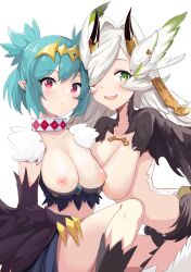 2girls absurdres animal_hands artist_request bangs blue_hair breasts brown_wings claws collar commission elil_(granblue_fantasy) fangs feathered_wings feathers granblue_fantasy green_eyes green_wings hair_between_eyes hair_intakes harpy head_wings highres horns indie_virtual_youtuber lincoro long_hair looking_at_viewer medium_breasts monster_girl multiple_girls nipples open_mouth parted_lips pointy_ears red_eyes second-party_source short_hair short_twintails twintails virtual_youtuber white_hair winged_arms wings