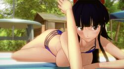 1girls 3d alternate_breast_size arm_support artist_request beach big_breasts bikini bikini_lift black_hair blue_bikini bow breasts brown_eyes busty female female_only hair_ribbon large_breasts legs long_hair looking_to_the_side lying on_stomach open_mouth ponytail pose ribbon sakura_shinguji sakura_wars sega sensual solo sweat swimsuit the_pose thighs towel