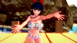 1girls 3d alternate_breast_size artist_request beach big_breasts bikini blue_hair bow breasts brown_eyes busty cleavage female female_only hair_ribbon large_breasts legs long_hair looking_at_viewer navel open_mouth outstretched_arms ponytail ribbon sakura_shinguji sakura_wars sitting smile solo sweat swimsuit thighs water
