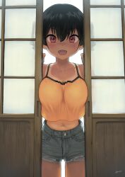 1girls 2020s 2022 belly belly_button big_breasts black_hair blue_bottomwear blush breast_press breast_squeeze breasts breasts_pressed_together dark-skinned_female dark_hair dark_skin denim_shorts female female_only human jean_shorts kaedeko_(kaedelic) kanna_sasaki_(kaedeko) large_breasts looking_at_viewer original petite petite_body red_eyes short_shorts shorts solo tank_top tanline tanlines tanned tanned_female tanned_girl tanned_skin thighs tomboy tummy two_tone_topwear watermark