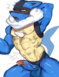 0onooo66 ambiguous_gender anthro asphyxiation balls blush bodily_fluids choking cum drooling duo genital_fluids genitals hi_res lucario male muscular nintendo penis pokémon_(species) pokemon saliva video_games