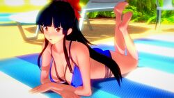 1girls 3d alternate_breast_size arm_support artist_request ass beach big_breasts bikini blue_bikini blue_hair bow breasts brown_eyes busty cleavage feet female female_only hair_ribbon large_breasts legs long_hair looking_at_viewer lying on_stomach open_mouth ponytail pose ribbon sakura_shinguji sakura_wars sega solo sweat swimsuit the_pose thighs water