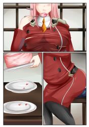 1girls bbw belly big_belly big_breasts breasts chubby clothing comic darling_in_the_franxx english_text fat female light-skinned_female light_skin pink_hair saintxtail stuffing text weight_gain zero_two_(darling_in_the_franxx)