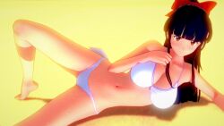 1girls 3d alternate_breast_size arm_support artist_request beach big_breasts bikini blue_hair bow breasts brown_eyes busty cleavage female female_only hair_ribbon large_breasts legs long_hair looking_at_viewer lying navel ponytail pose ribbon sakura_shinguji sakura_wars sega smile solo sweat swimsuit thighs water white_bikini