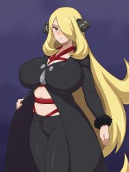 1girls black_coat blonde_hair bondage breasts closed_mouth coat cynthia_(pokemon) fur-trimmed_sleeves fur_trim game_freak grey_eyes huge_breasts long_hair long_sleeves looking_at_viewer navel nintendo okra_sticky pants pokemon pokemon_dppt red_rope rope rope_bondage solo solo_female standing very_long_hair