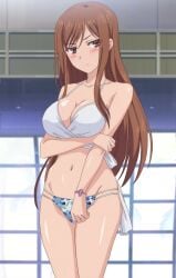 1girls bikini blush blushing breasts brown_hair embarrassed large_breasts long_brown_hair long_hair official_art overflow_(series) screencap screenshot shirakawa_ayane swimsuit swimwear