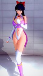 1girls 3d alternate_breast_size artist_request big_breasts blue_hair blush bodysuit bow breasts brown_eyes busty cleavage clothing female hair_ribbon hand_on_own_chest highres large_breasts legs leotard long_hair looking_at_viewer navel ponytail ribbon sakura_shinguji sakura_wars sega smile solo stockings thighs