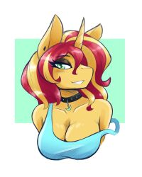 ambris anthro blush breasts collar hasbro my_little_pony neckwear shirt sunset_shimmer unicorn