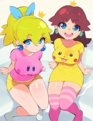 2girls aetherion_art bare_legs big_breasts breasts crossover cute cute_face earrings female female_only kirby kirby_(series) kirby_t-shirt large_breasts looking_at_viewer mario_(series) multiple_girls nintendo pikachu pikachu_dress pokemon princess_daisy princess_peach thighhighs thighs wholesome