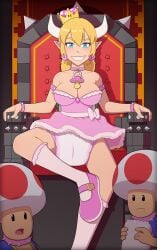 blonde_hair blue_eyes bowsette breasts choker collar diaper diaper_under_clothing dress earrings frilled_legwear frilled_socks kneesocks large_breasts long_hair mario_(series) mary_janes new_super_mario_bros._u_deluxe nintendo pacifier pieceofsoap pink_collar pink_dress pink_socks shoes socks spiked_collar super_crown super_mario_bros. throne toad_(mario)