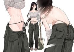 back back_view backboob backless_outfit belly belly_button big_breasts black_hair breasts curvy dark_hair fit fit_female guitar guitar_little_sister_(hitomi_o) guitarist hitomi_o jeans large_breasts long_pants midriff musician oc original_character tagme thick tummy underboob wardrobe_error