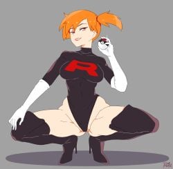 1girls boots enemy_conversion female female_only gloves gym_leader kasumi_(pokemon) large_breasts lips looking_at_viewer misty_(pokemon) nintendo orange_hair poke_ball pokemon pokemon_rgby r3dfive red_eyes signature smile spread_legs squatting tagme team_rocket team_rocket_uniform thick_thighs tomboy white_gloves