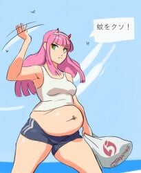 1girls baqua bbw belly big_belly breasts chubby clothing darling_in_the_franxx fat female female_only huge_belly light-skinned_female light_skin obese pink_hair solo solo_female zero_two_(darling_in_the_franxx)