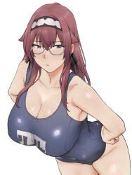 1girls alternate_costume bakushiishi_at curvaceous curves female glasses hi_res huge_breasts human large_breasts lillia_greyrat long_hair looking_away mature mature_female megane milf mushoku_tensei one-piece_swimsuit plain_background red_hair simple_background solo