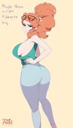 big_ass big_breasts big_butt breasts feet_out_of_frame fully_clothed glasses glasses_on_head hands_on_waist huge_breasts large_breasts orange_hair pants pokemon pokemon_ss r3dfive red_hair redhead revealing_clothes side_view sideboob sonia_(pokemon) tagme text thick_ass thick_thighs thighs tight_pan