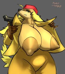 anthro areola big_breasts big_nipples blonde_hair breasts canid canine canis clothed clothing cuphead_(game) domestic_dog fur gun hair handgun handwear hat headgear headwear hellpup_(artist) hi_res holding_object holding_weapon huge_breasts huge_nipples hunting_dog looking_at_viewer looking_down male mammal nipples partially_clothed pilot_saluki_(cuphead) pistol ranged_weapon saluki sighthound solo thick_thighs uniform video_games weapon yellow_body yellow_eyes