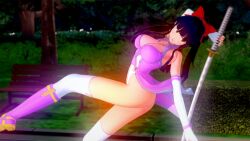1girls 3d alternate_breast_size artist_request ass big_breasts blue_hair blush bodysuit bow breasts brown_eyes busty cleavage clothing female female_only fingerless_gloves gloves hair_ribbon large_breasts legs leotard long_hair open_mouth ponytail ribbon sakura_shinguji sakura_wars sega solo stockings sword thighs thong_leotard weapon