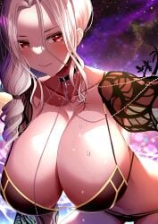 1girls 2022 absurd_res bikini_top black_bikini blue_eyes braided_hair breasts carmilla_(fate) carmilla_(swimsuit_rider) choker cleavage fate/grand_order fate_(series) female female_only huge_breasts lee-taro long_hair massive_breasts pale-skinned_female pale_skin red_eyes smile wet wet_breasts white_hair