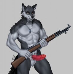 abs anthro aroused canid canine canis dog_tags erection fur genitals grey_body grey_fur gun hi_res humanoid_genitalia humanoid_penis looking_at_viewer male mammal muscular muscular_male nude obliques pecs penis ranged_weapon rifle seductive simple_background sks solo variri vein veiny_penis weapon white_body white_fur wolf yellow_eyes