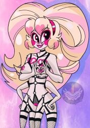 anthro arachnid arthropod blonde_hair breasts demon detailed_background female fur genitals hair hazbin_hotel hi_res metalbelphegor molly_(hazbin_hotel) multi_arm multi_limb multicolored_body multicolored_fur nipples open_mouth open_smile pink_body pink_fur pussy smile solo spider straight_hair teeth two_tone_body two_tone_fur white_body white_fur