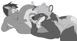 anal anthro anus ass bodily_fluids canid canine digital_media_(artwork) duo fur hair hi_res lutrine male male/male mammal mej mustelid open_mouth oral raccoon_dog raised_tail rimming sex simple_background smile spread_butt spreading tanuki tongue tongue_out