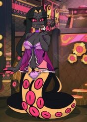 anthro black_body breasts claws clothing demon detailed_background egg_bois_(hazbin_hotel) fangs female hazbin_hotel hi_res legless metalbelphegor multi_eye nipples red_eyes reptile rule_63 scalie sir_pentious_(hazbin_hotel) smile snake solo straight_hair translucent translucent_clothing