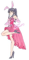 1girls artist_request blue_hair blush breasts bunny_ears bunny_girl cleavage clothing cute dress female female_only gloves grey_eyes heart heart_hands heels highres japanese_clothes japanese_text leg_up legs looking_at_viewer medium_breasts one_eye_closed ponytail pose rabbit_ears sakura_shinguji sakura_taisen sakura_wars sega small_breasts solo thighs translation_request wink