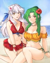 2girls :d absurdres alternate_costume bangs bare_shoulders beach bikini bikini_skirt blue_sky blush breasts brown_eyes cleavage collarbone elincia_ridell_crimea elincia_ridell_crimea_(summer) female female_only fingerless_gloves fire_emblem fire_emblem:_path_of_radiance fire_emblem:_radiant_dawn fire_emblem_heroes flower gloves green_hair grey_hair hair_flower hair_ornament hair_ribbon hibiscus highres large_breasts long_hair looking_at_viewer medium_breasts micaiah_(fire_emblem) micaiah_(summer)_(fire_emblem) miniskirt multiple_girls navel nintendo ocean official_alternate_costume open_mouth orange_bikini orange_swimsuit red_bikini red_gloves red_swimsuit ribbon sand side-tie_bikini sitting skirt sky smile source_larger swimsuit tridisart wristband yellow_eyes