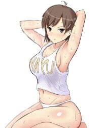 1girls amagami armpits arms_behind_head big_breasts blush breasts brown_eyes brown_hair busty cleavage feet female female_only itou_kanae_(amagami) kneeling large_breasts legs looking_at_viewer midriff navel no_pants open_mouth panties pose posing sensual sexy_armpits short_hair sideboob solo sweat tank_top thick_thighs thighs underwear white_panties