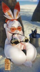 . 3d 3d_(artwork) anthro beach bikini bored bra bunny feet_behind_head flexible furry ghostoast half-dressed legs_behind_shoulders palm_tree panties pokémon_(species) pokemon rabbit scorbunny scorbunny_(valorlynz)